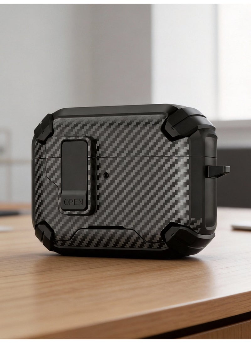 الآلة الصغيرة AirPods Pro 3 غطاء حماية من الدروع الصلبة من ألياف الكربون المقاومة للصدمات ، تصميم قفل آمن ، يدعم الشحن السلكي واللاسلكي دون إزالة القشرة ، مجموعة كاملة مع أداة التنظيف وحلقة المفاتيح المحمولة (أسود) - Image 4